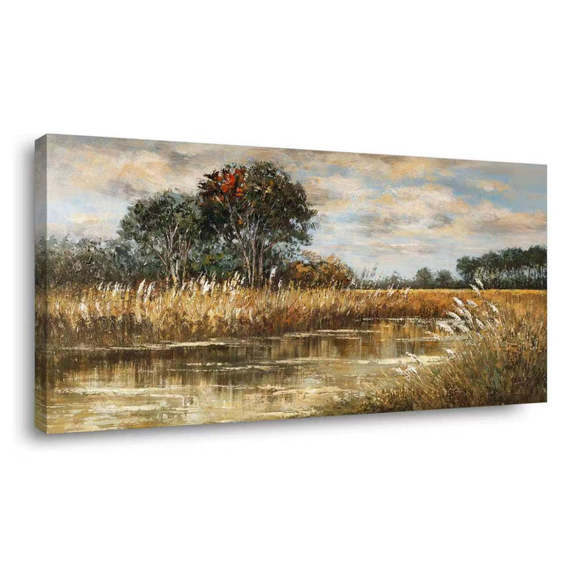 Warm Golden Brown Vintage Textured Oil Painting Wetland Reed Lake Landscape Wall Art Art Deco Painting Prints Canvas Artwork Living Room Family Bedroom Office Decor