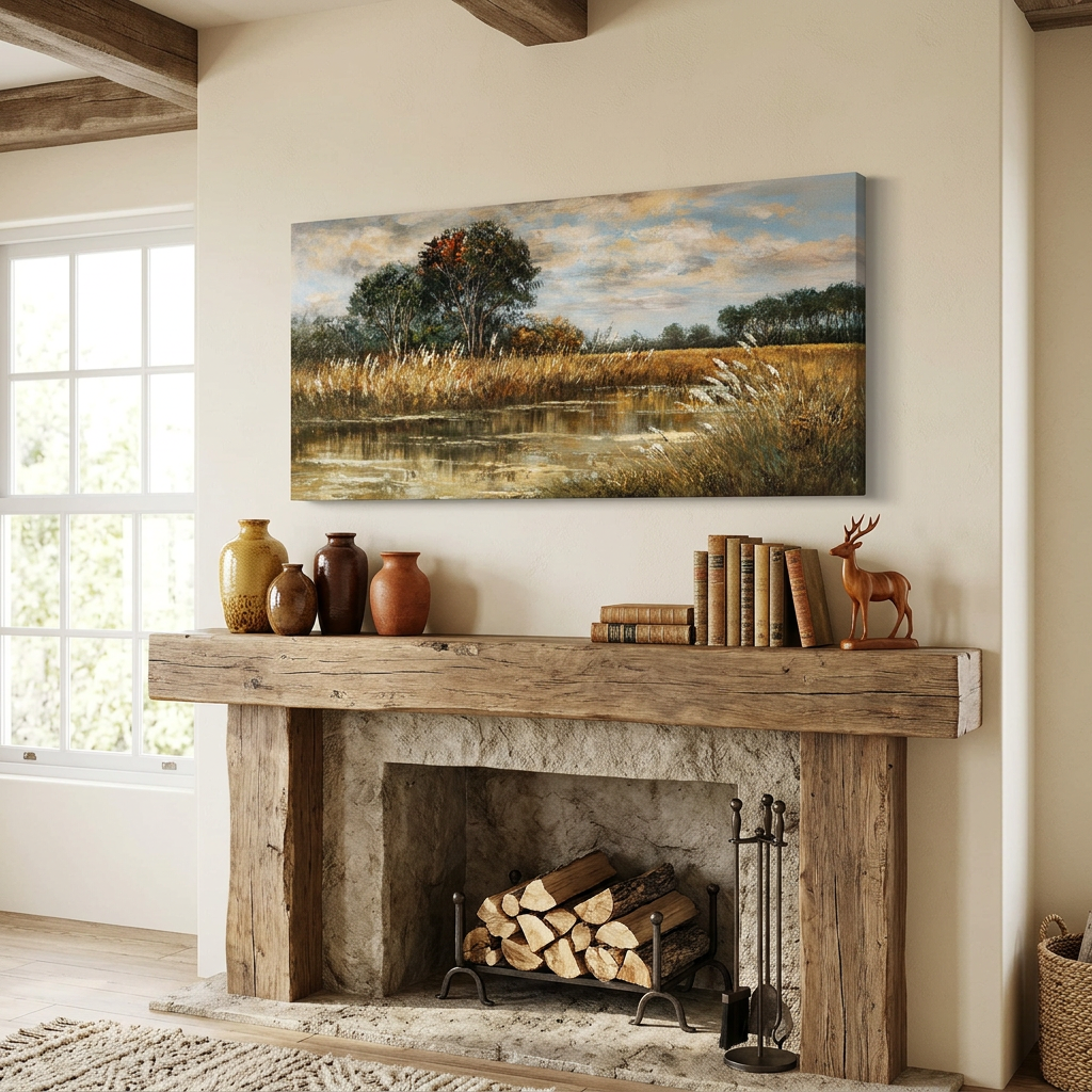 Warm Golden Brown Vintage Textured Oil Painting Wetland Reed Lake Landscape Wall Art Art Deco Painting Prints Canvas Artwork Living Room Family Bedroom Office Decor