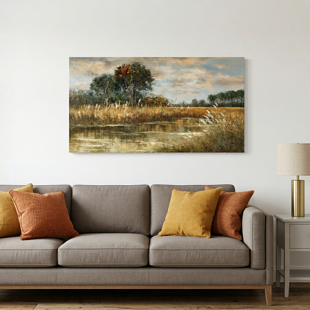 Warm Golden Brown Vintage Textured Oil Painting Wetland Reed Lake Landscape Wall Art Art Deco Painting Prints Canvas Artwork Living Room Family Bedroom Office Decor