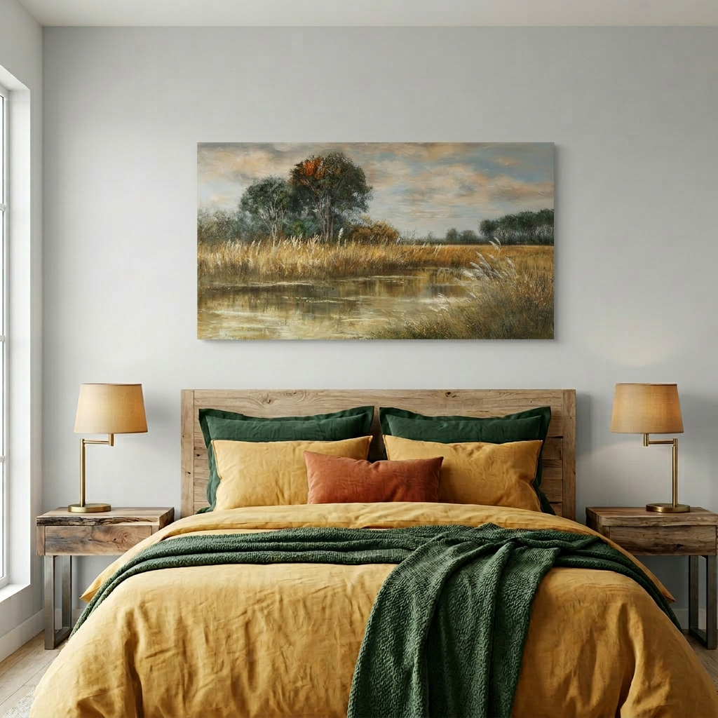 Warm Golden Brown Vintage Textured Oil Painting Wetland Reed Lake Landscape Wall Art Art Deco Painting Prints Canvas Artwork Living Room Family Bedroom Office Decor