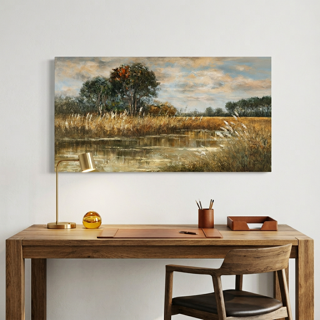Warm Golden Brown Vintage Textured Oil Painting Wetland Reed Lake Landscape Wall Art Art Deco Painting Prints Canvas Artwork Living Room Family Bedroom Office Decor