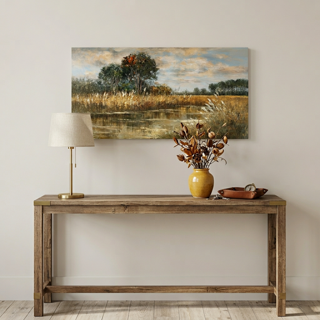 Warm Golden Brown Vintage Textured Oil Painting Wetland Reed Lake Landscape Wall Art Art Deco Painting Prints Canvas Artwork Living Room Family Bedroom Office Decor