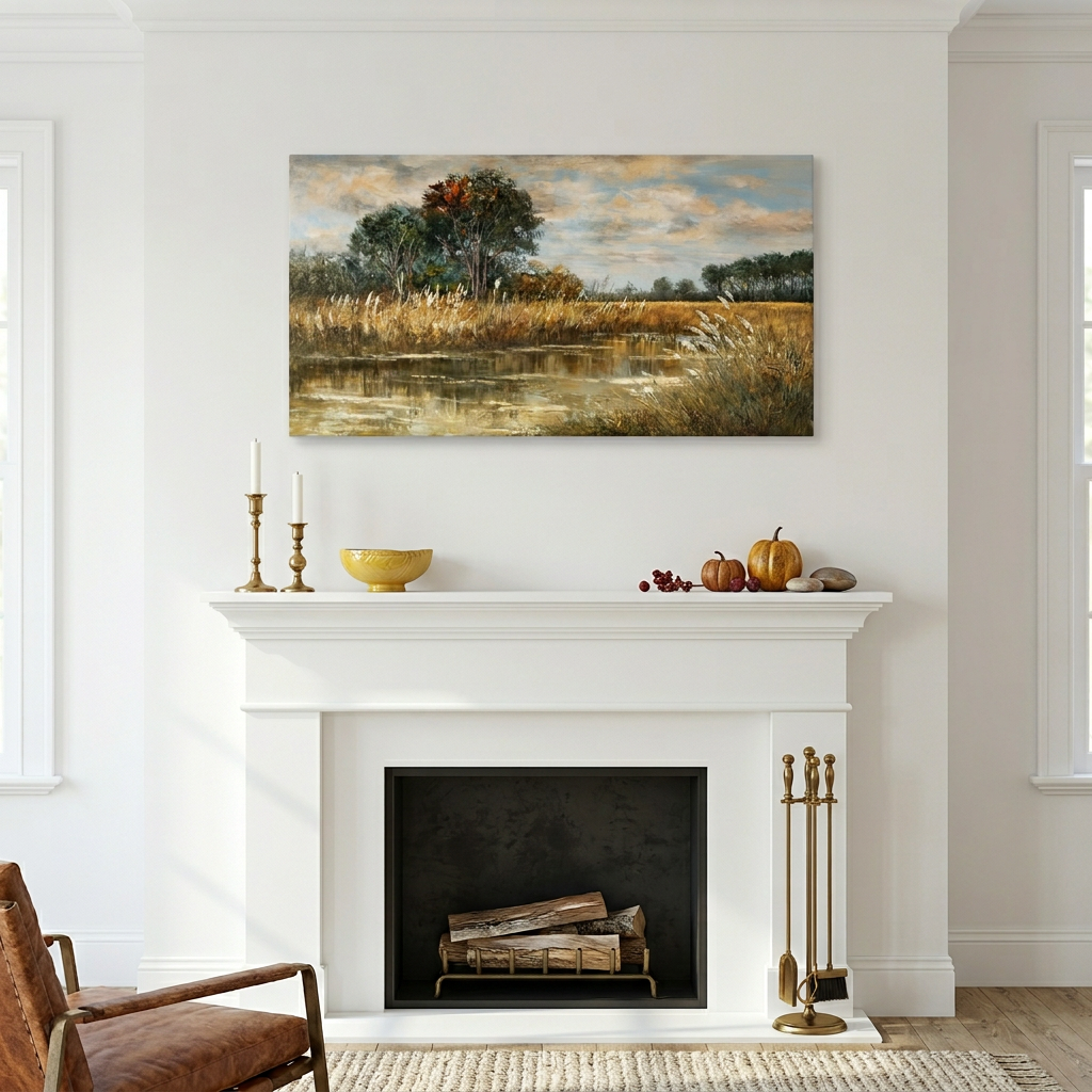Warm Golden Brown Vintage Textured Oil Painting Wetland Reed Lake Landscape Wall Art Art Deco Painting Prints Canvas Artwork Living Room Family Bedroom Office Decor