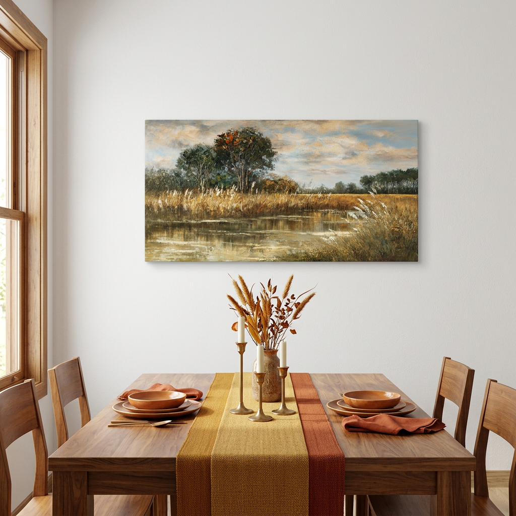 Warm Golden Brown Vintage Textured Oil Painting Wetland Reed Lake Landscape Wall Art Art Deco Painting Prints Canvas Artwork Living Room Family Bedroom Office Decor