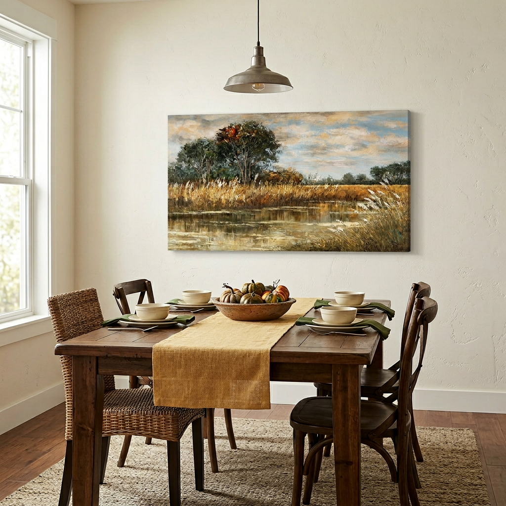 Warm Golden Brown Vintage Textured Oil Painting Wetland Reed Lake Landscape Wall Art Art Deco Painting Prints Canvas Artwork Living Room Family Bedroom Office Decor