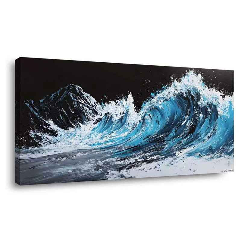Teal Blue Impasto Ocean Wave Textured Oil Painting Wall Art for Living Room Bedroom Office Decor