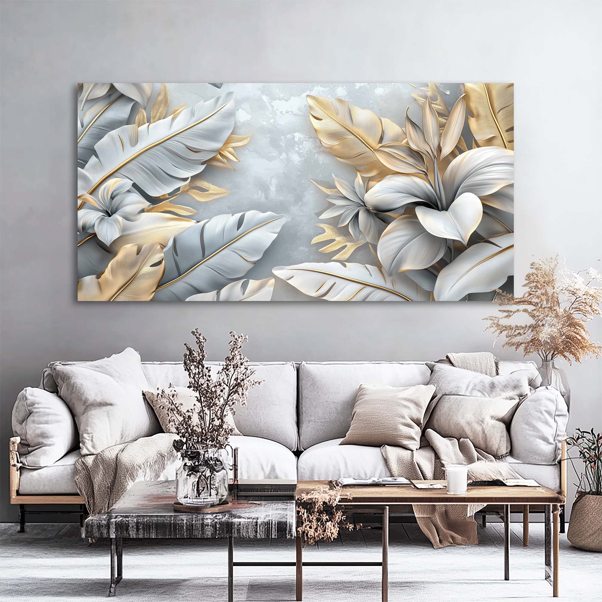 Silver Gray Tropical Nature Canvas Wall Art for Living Room Prints Artwork Bedroom Office Decor