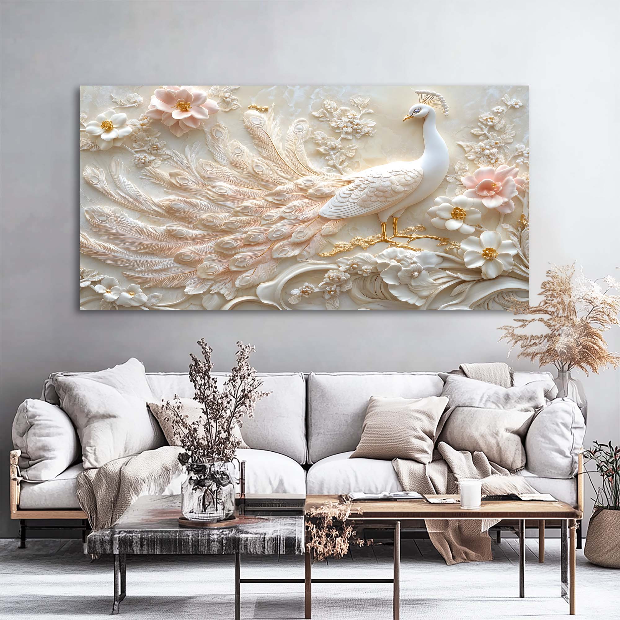 Beige Oriental Floral Canvas Wall Art