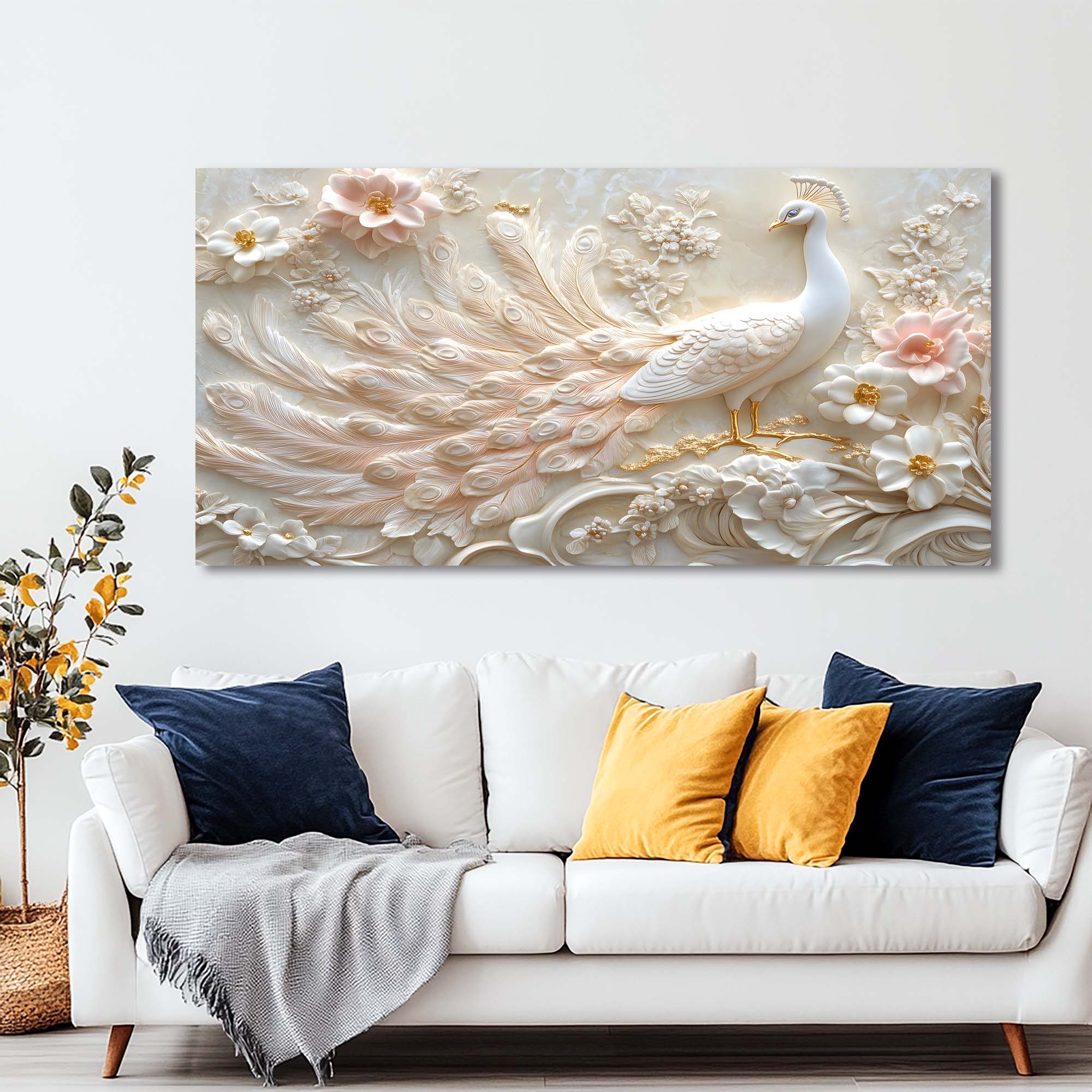 Beige Oriental Floral Canvas Wall Art