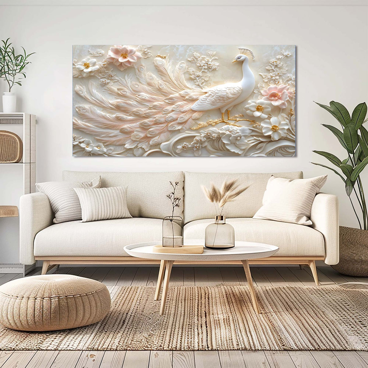 Beige Oriental Floral Canvas Wall Art