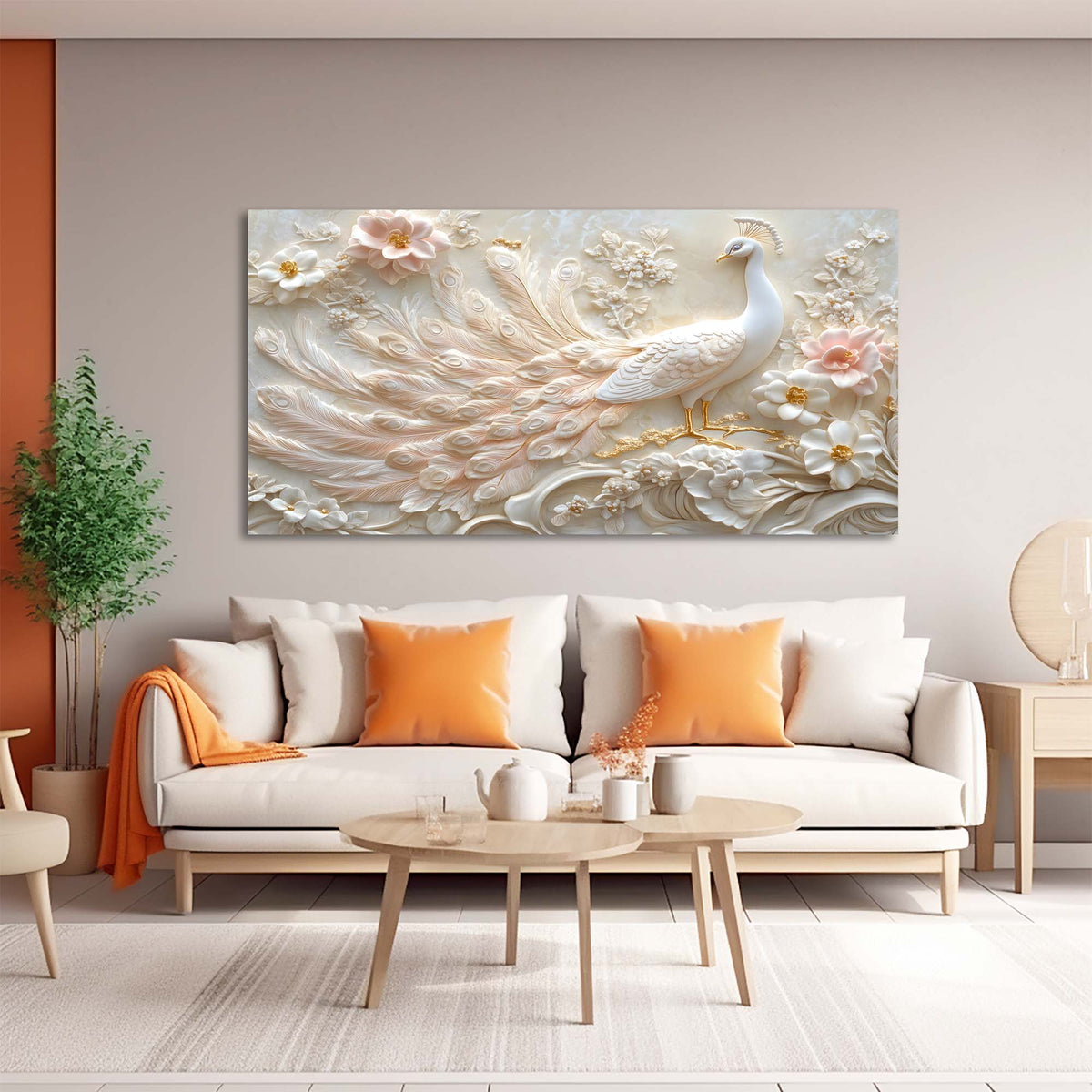 Beige Oriental Floral Canvas Wall Art