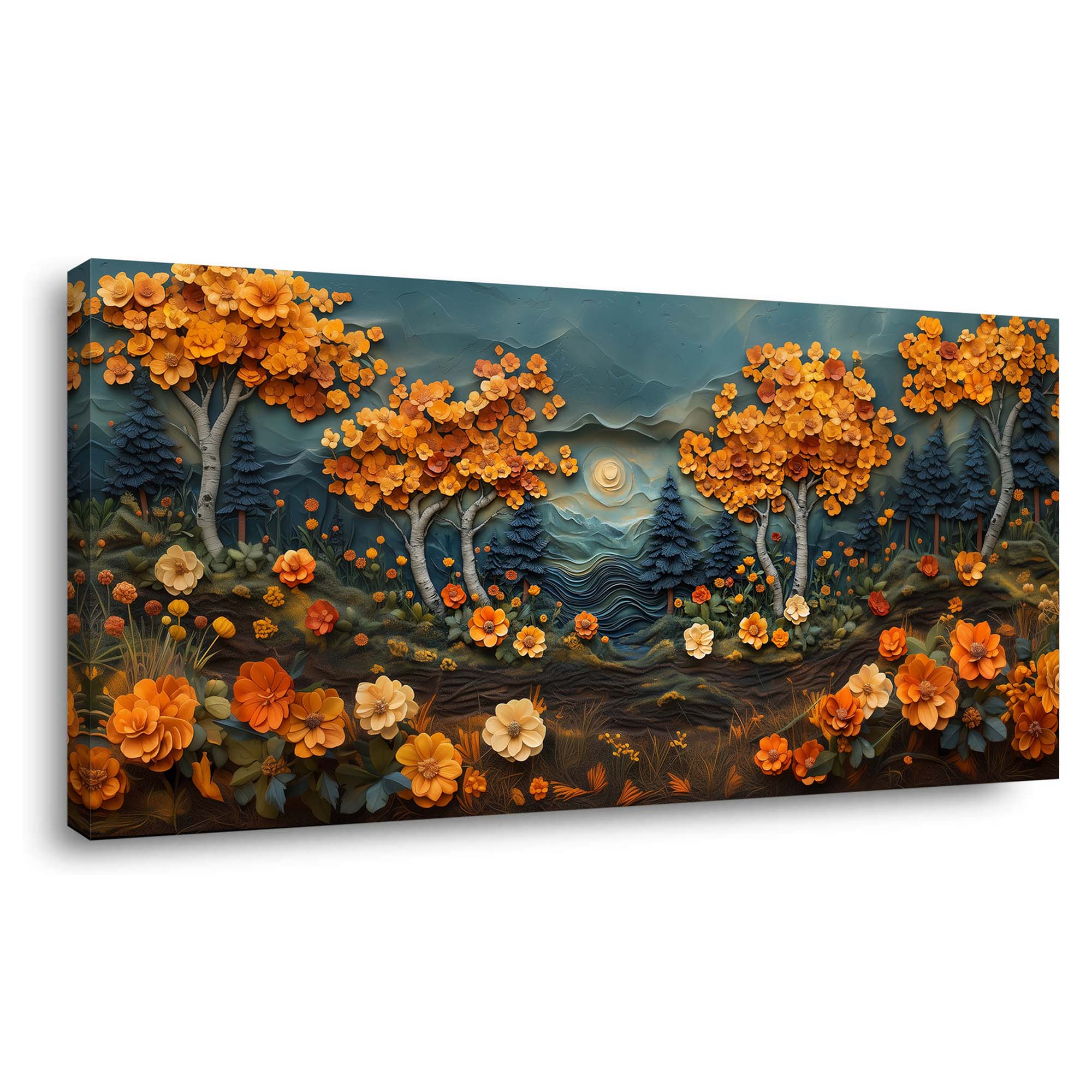Navy Blue Fantasy Floral Canvas Wall Art for Living Room Prints Artwork Bedroom Office Decor