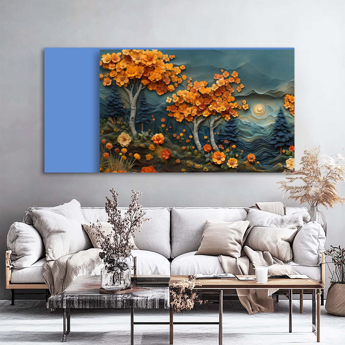 Navy Blue Fantasy Floral Canvas Wall Art for Living Room Prints Artwork Bedroom Office Decor