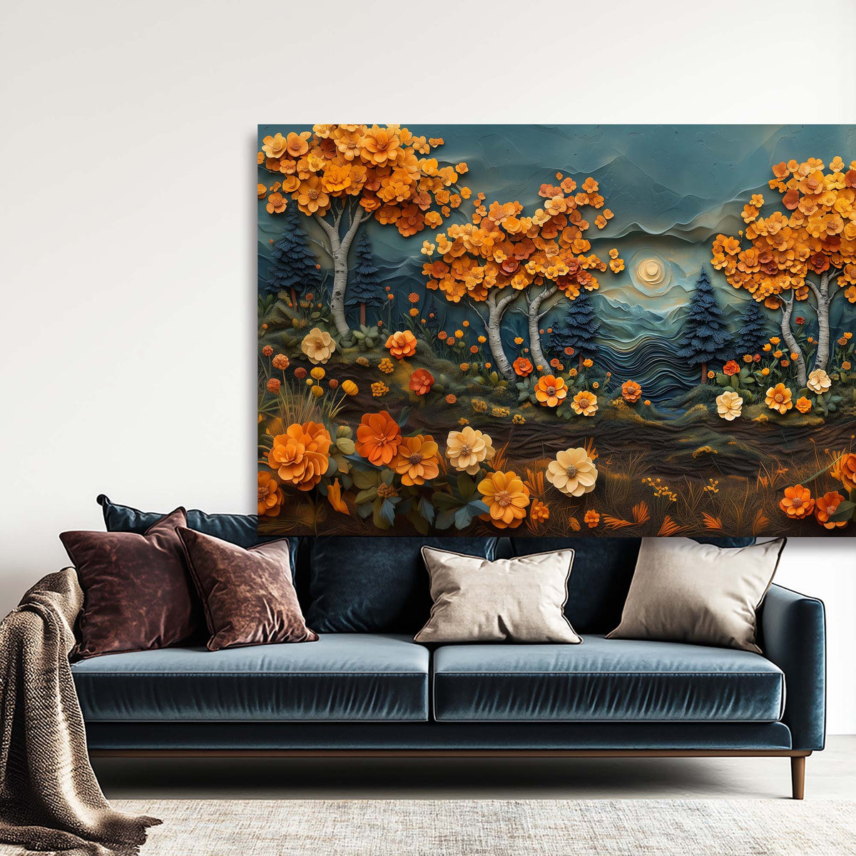 Navy Blue Fantasy Floral Canvas Wall Art for Living Room Prints Artwork Bedroom Office Decor