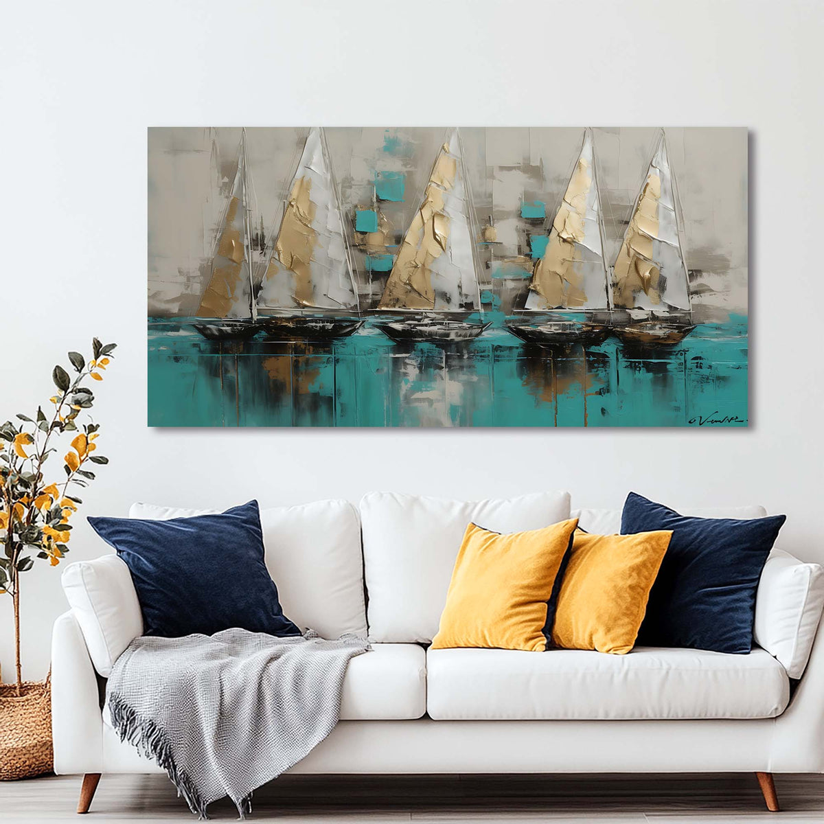 Blue Nautical Abstract Wall Art Modern Canvas Painting Prints Artwork Office Hallway Bedroom Living Room Decor