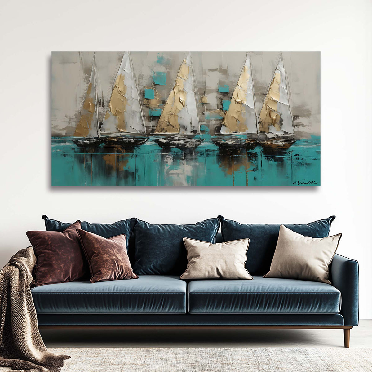 Blue Nautical Abstract Wall Art Modern Canvas Painting Prints Artwork Office Hallway Bedroom Living Room Decor