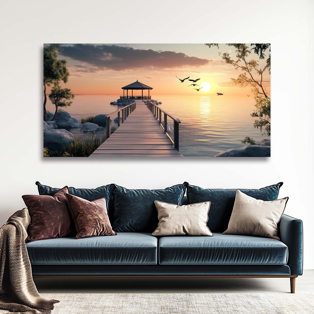 Navy Blue Coastal Nature Wall Art Modern Canvas Painting Prints Artwork Office Hallway Bedroom Living Room Decor