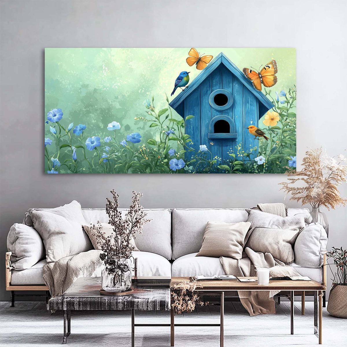 Navy Blue Pretty Floral Canvas Wall Art for Living Room Prints Artwork Bedroom Office Decor