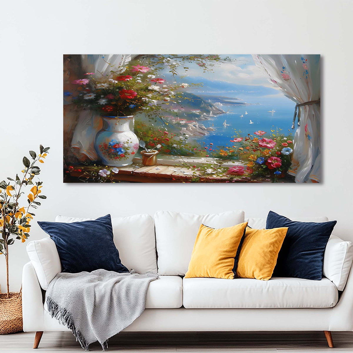 Navy Blue Floral Wall Art for Living Room Canvas Painting Prints Art Deco Artwork Office Bedroom Decor