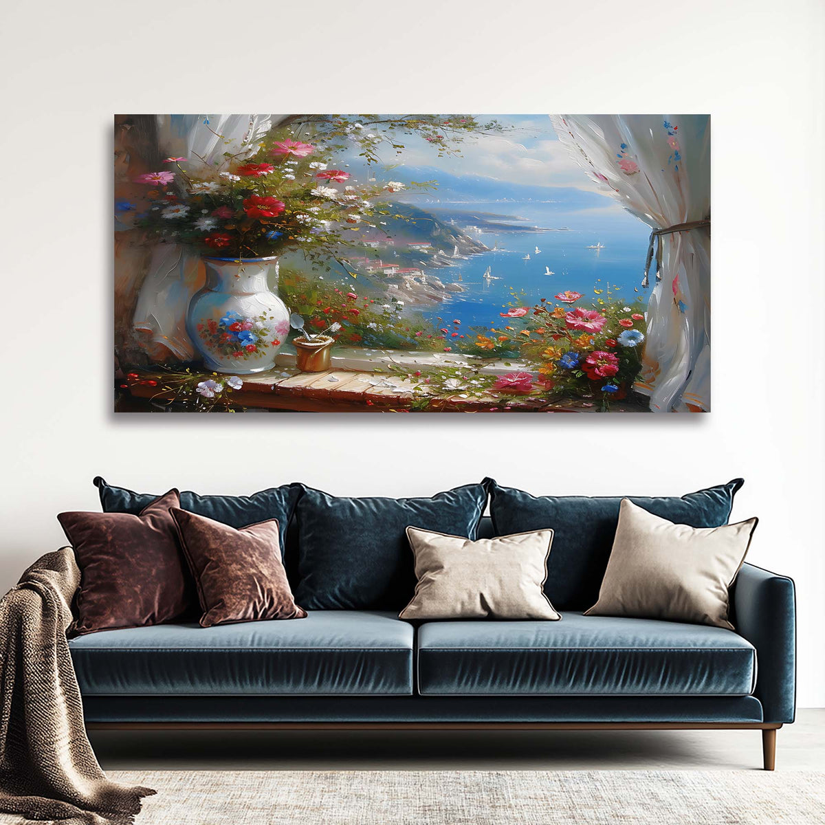 Navy Blue Floral Wall Art for Living Room Canvas Painting Prints Art Deco Artwork Office Bedroom Decor