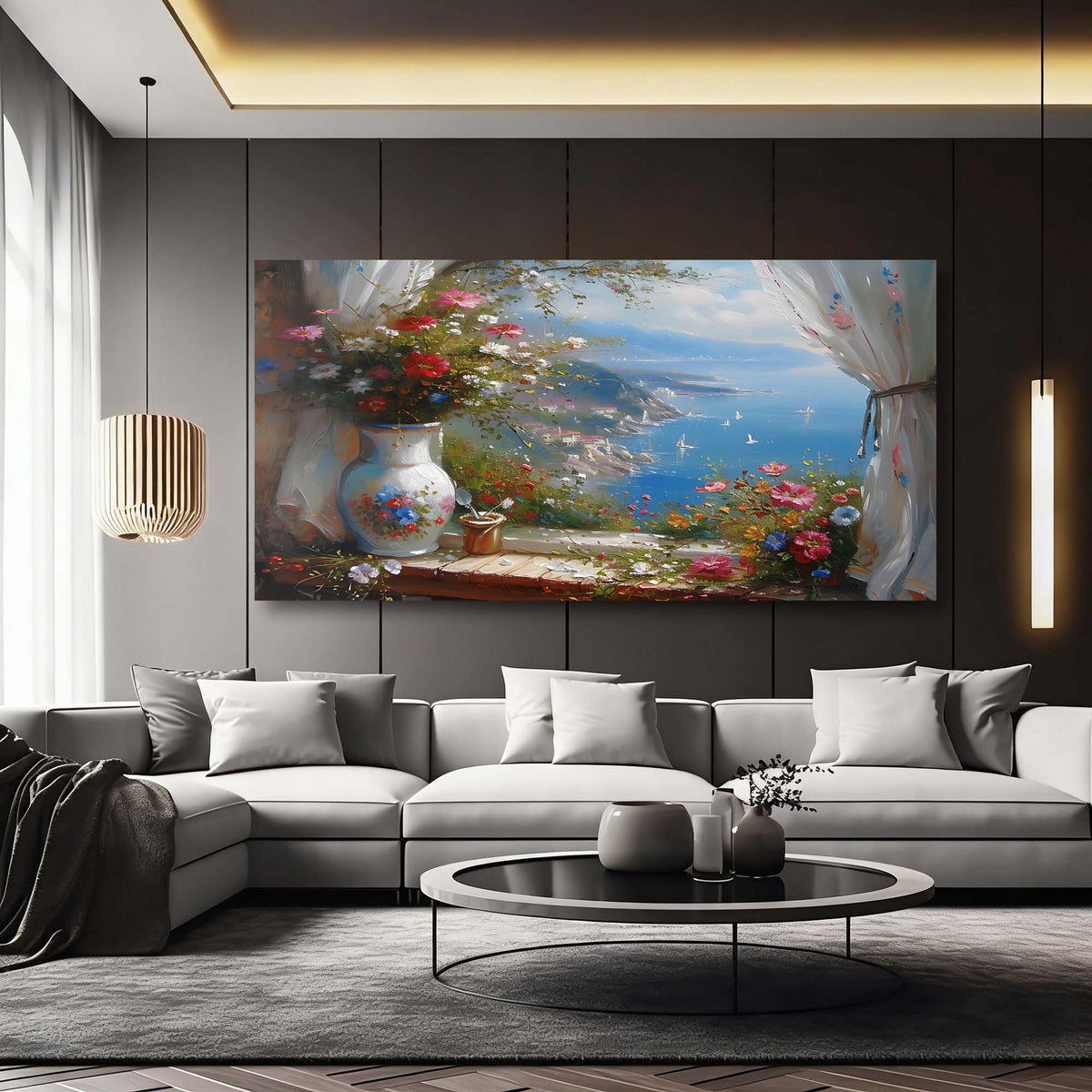 Navy Blue Floral Wall Art for Living Room Canvas Painting Prints Art Deco Artwork Office Bedroom Decor