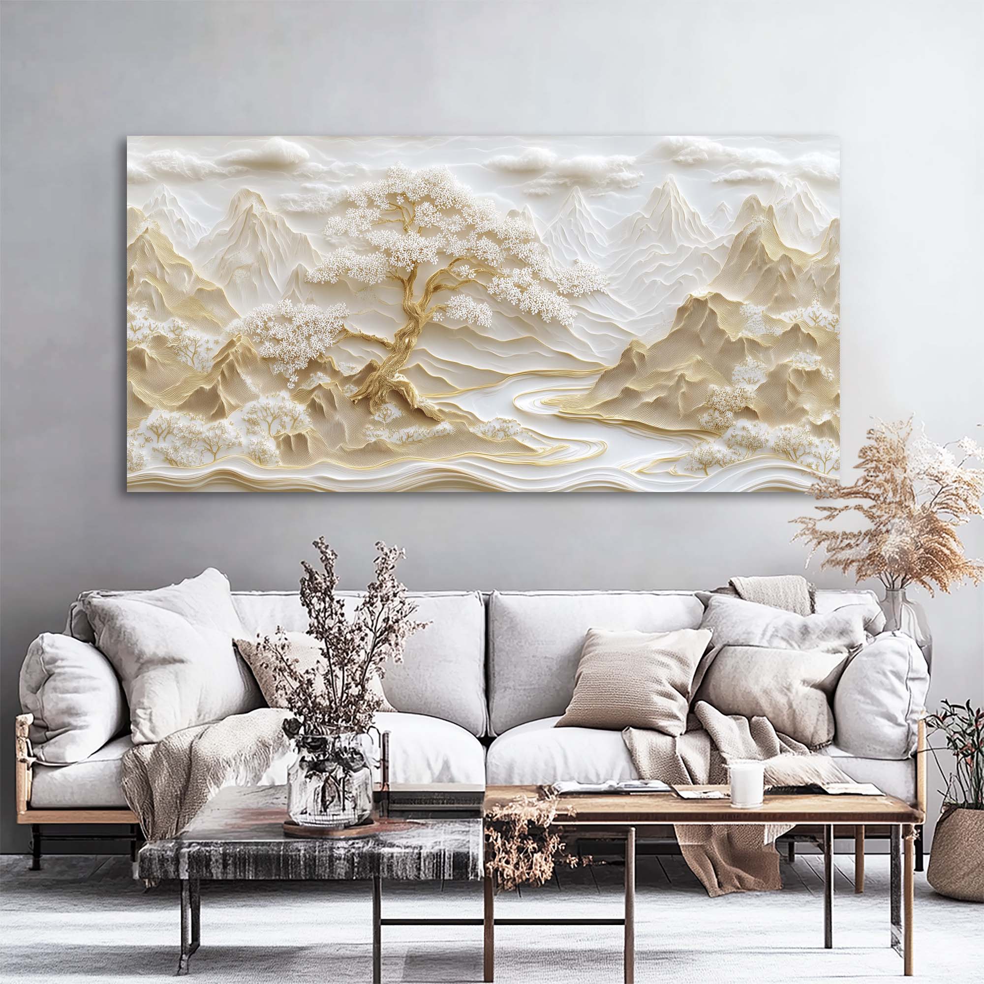 Beige Asian Nature Wall Art for Living Room Canvas Painting Prints Artwork Family Bedroom Office Decor