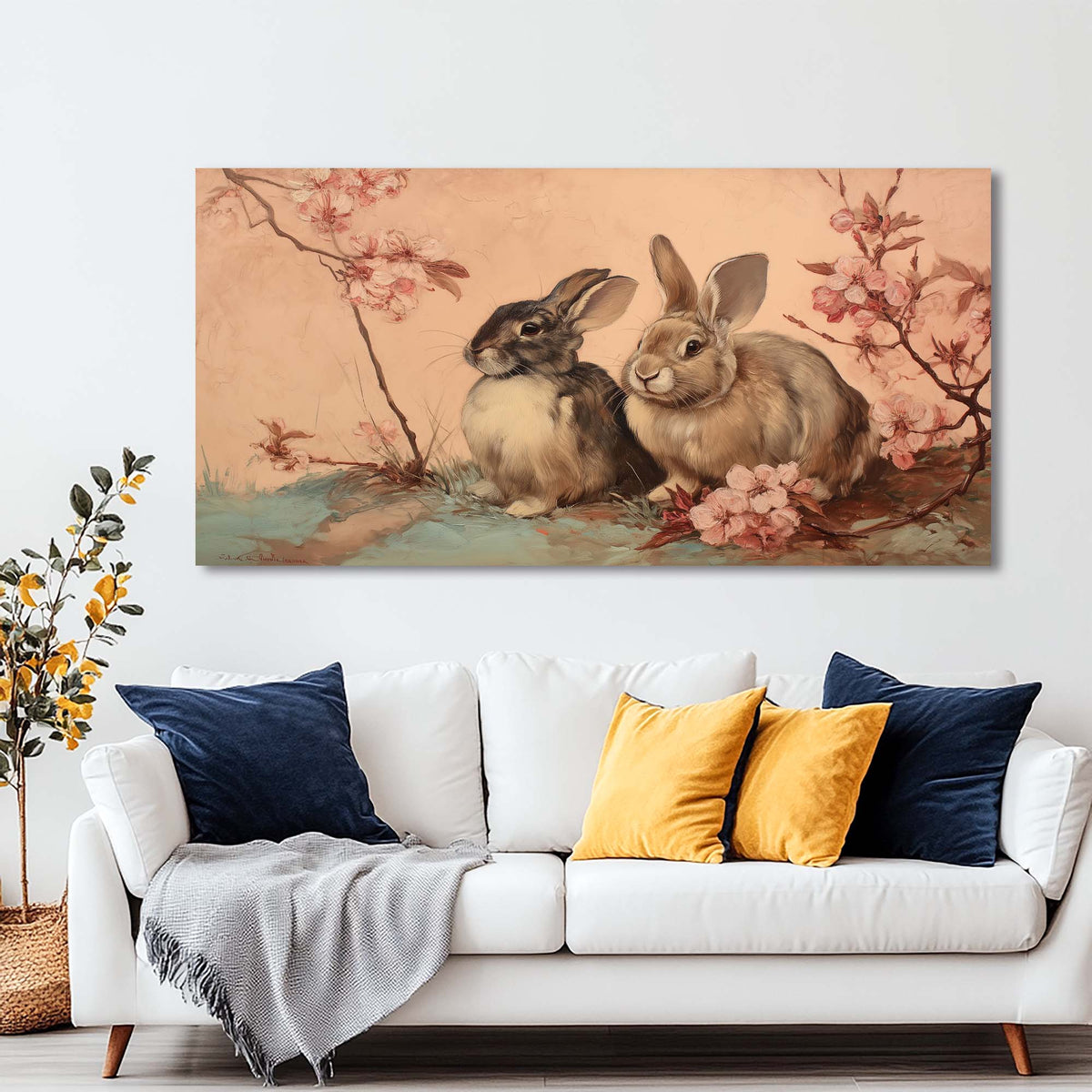 Navy Blue Floral Animals Canvas Wall Art for Living Room Prints Artwork Bedroom Office Decor