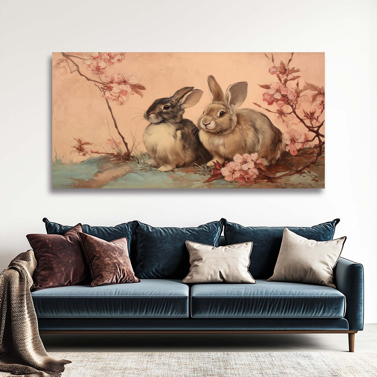 Navy Blue Floral Animals Canvas Wall Art for Living Room Prints Artwork Bedroom Office Decor