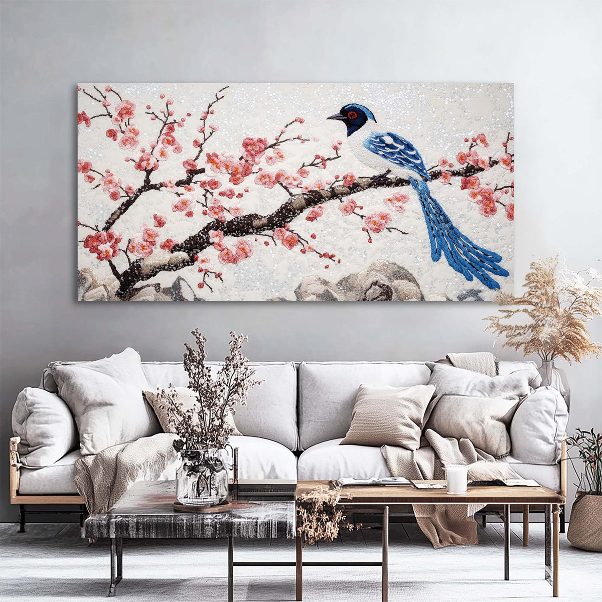 Blue Asian Floral Canvas Wall Art for Living Room Prints Artwork Bedroom Office Decor