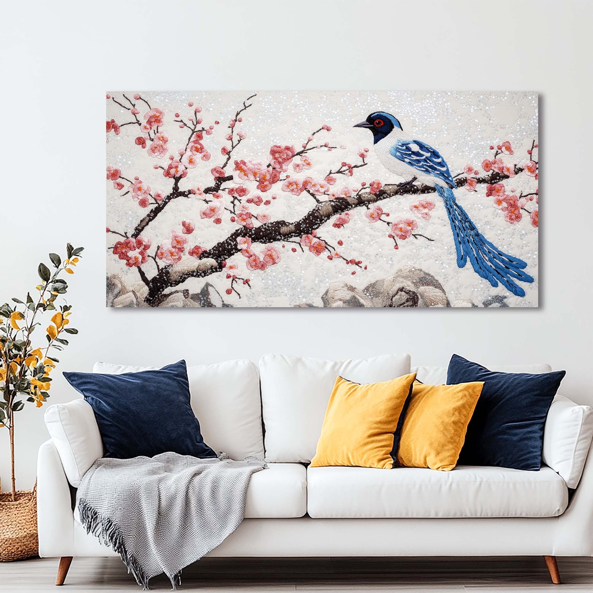 Blue Asian Floral Canvas Wall Art for Living Room Prints Artwork Bedroom Office Decor
