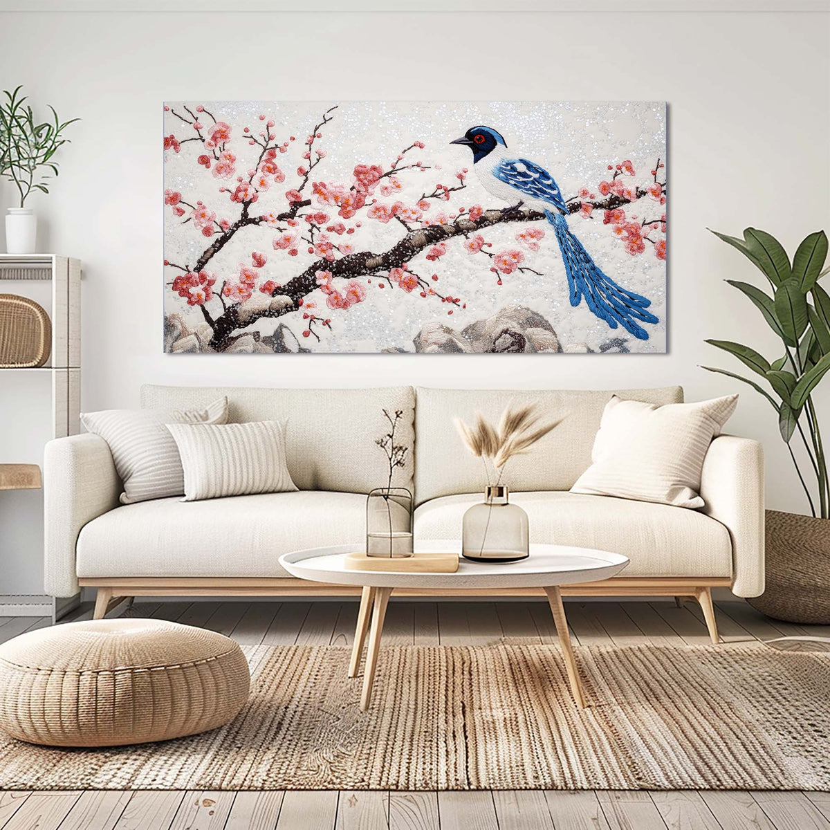 Blue Asian Floral Canvas Wall Art for Living Room Prints Artwork Bedroom Office Decor