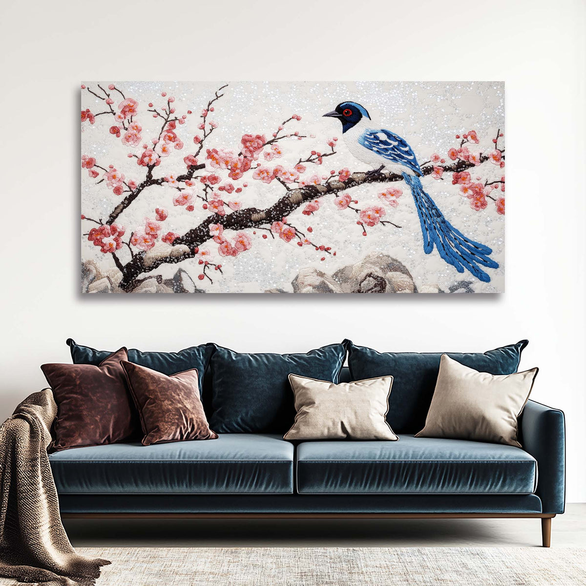 Blue Asian Floral Canvas Wall Art for Living Room Prints Artwork Bedroom Office Decor