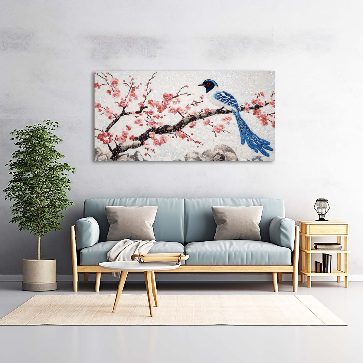 Blue Asian Floral Canvas Wall Art for Living Room Prints Artwork Bedroom Office Decor