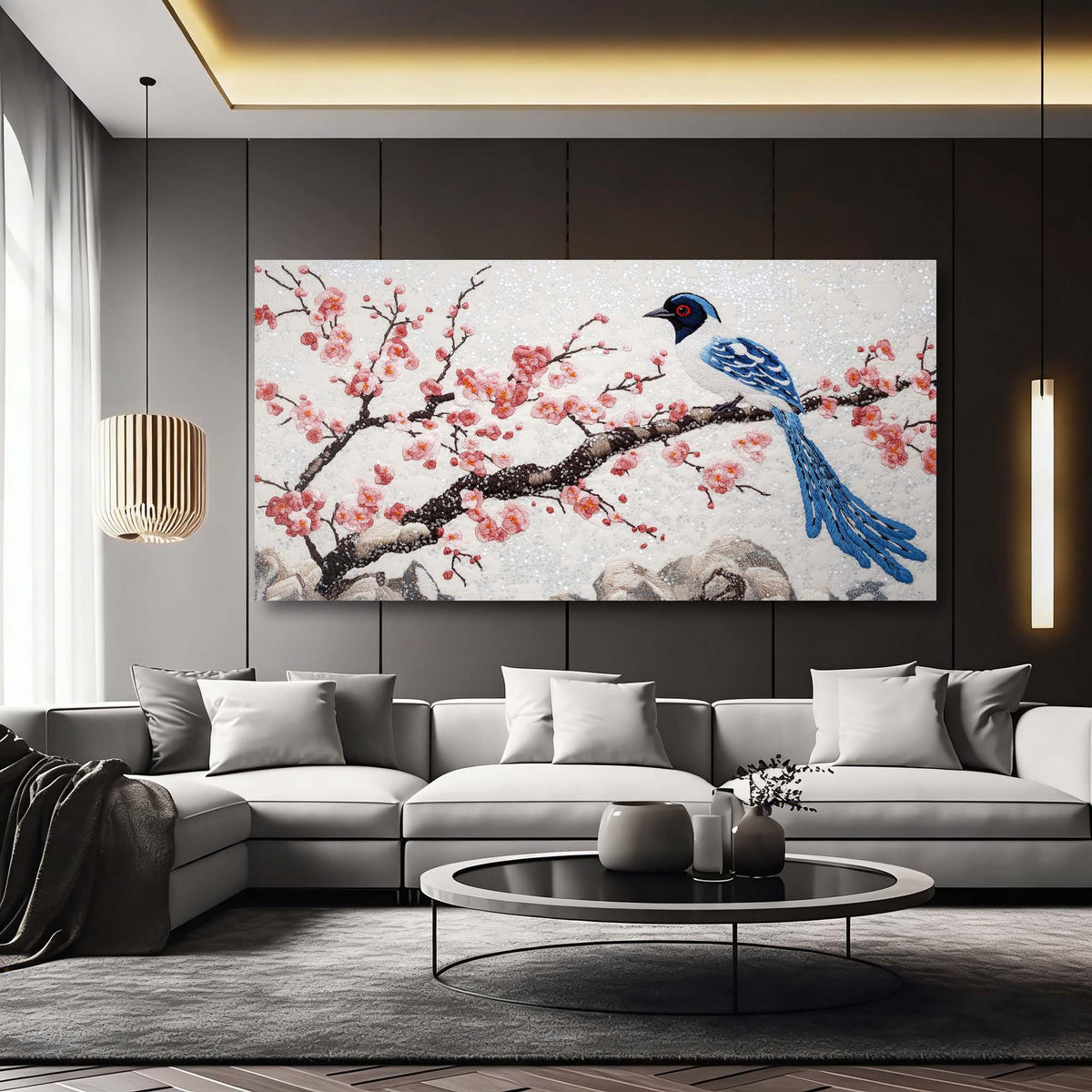 Blue Asian Floral Canvas Wall Art for Living Room Prints Artwork Bedroom Office Decor