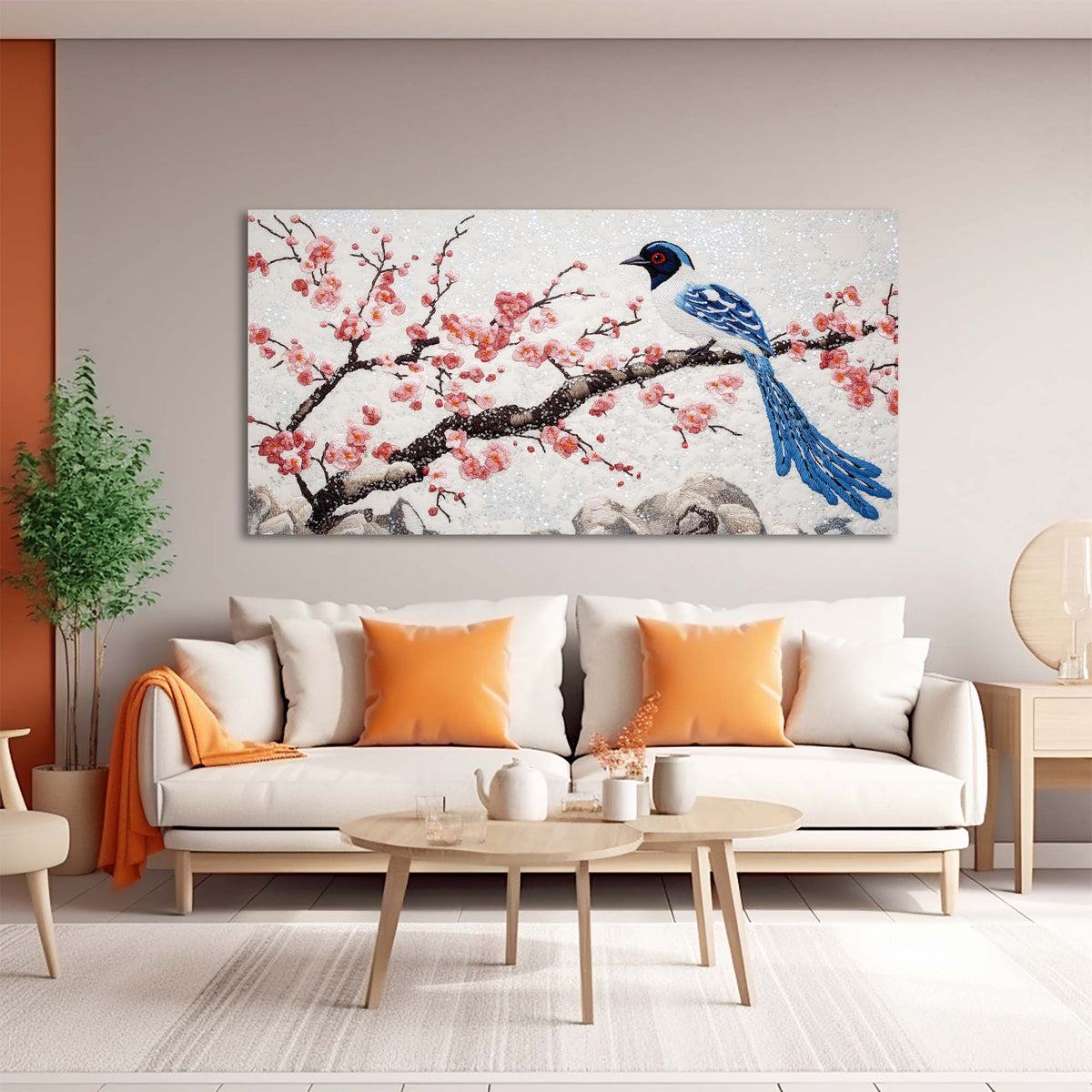 Blue Asian Floral Canvas Wall Art for Living Room Prints Artwork Bedroom Office Decor