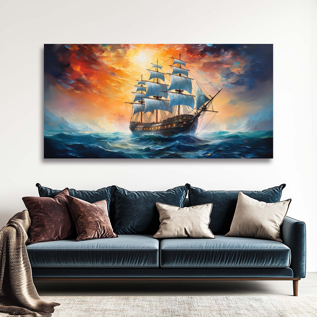 Navy Blue Nautical Nature Canvas Wall Art for Living Room Prints Artwork Bedroom Office Decor