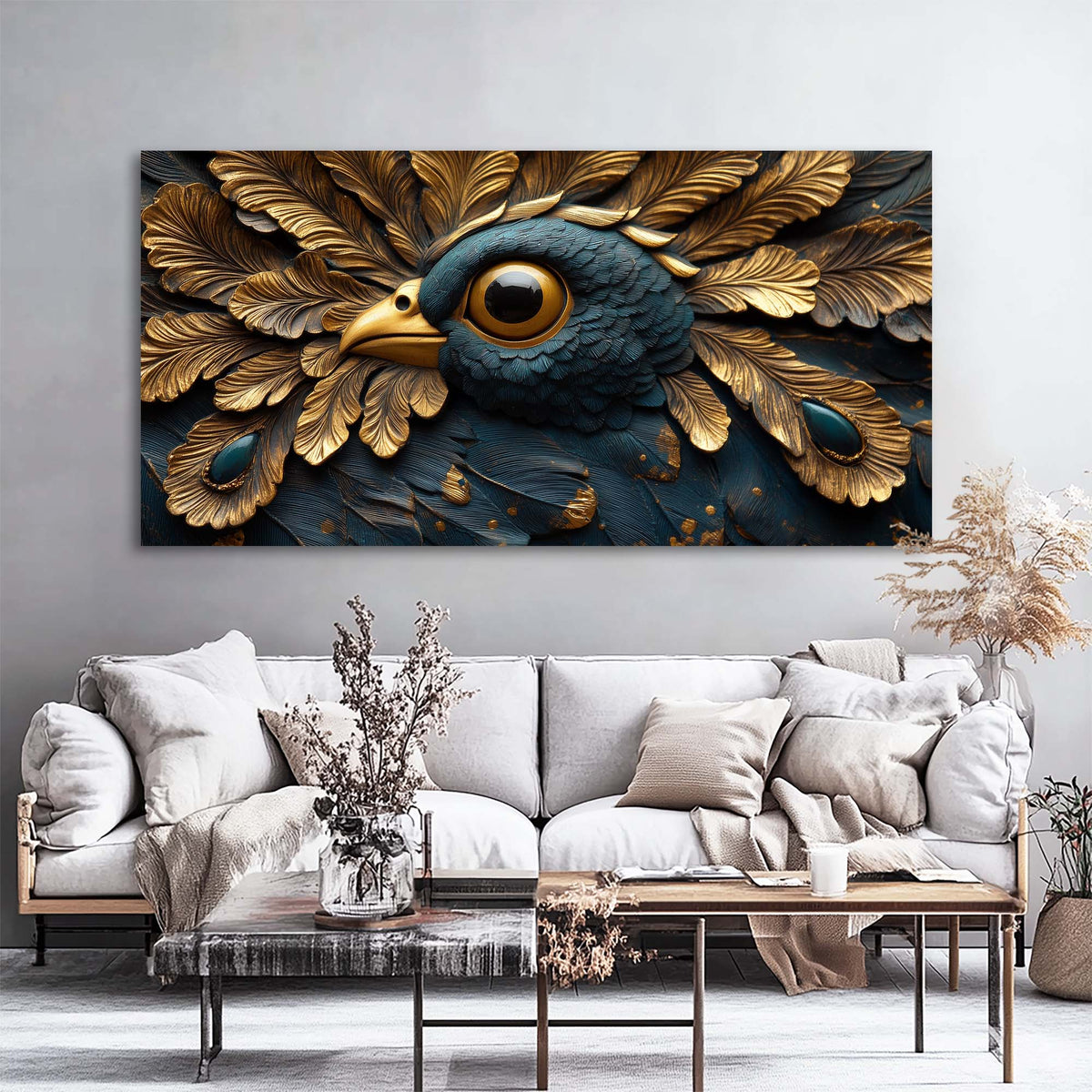 Navy Blue Fantasy Birds Wall Art Modern Canvas Painting Prints Artwork Office Hallway Bedroom Living Room Decor