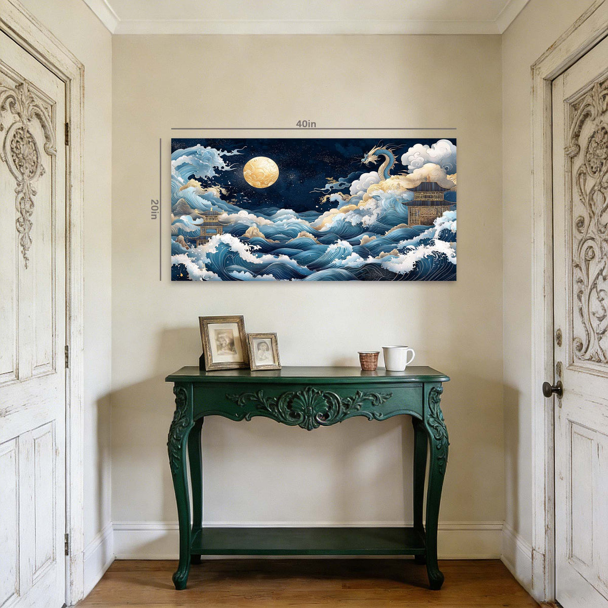 Navy Blue Oriental Fairytale Canvas Wall Art for Living Room Prints Artwork Bedroom Office Decor