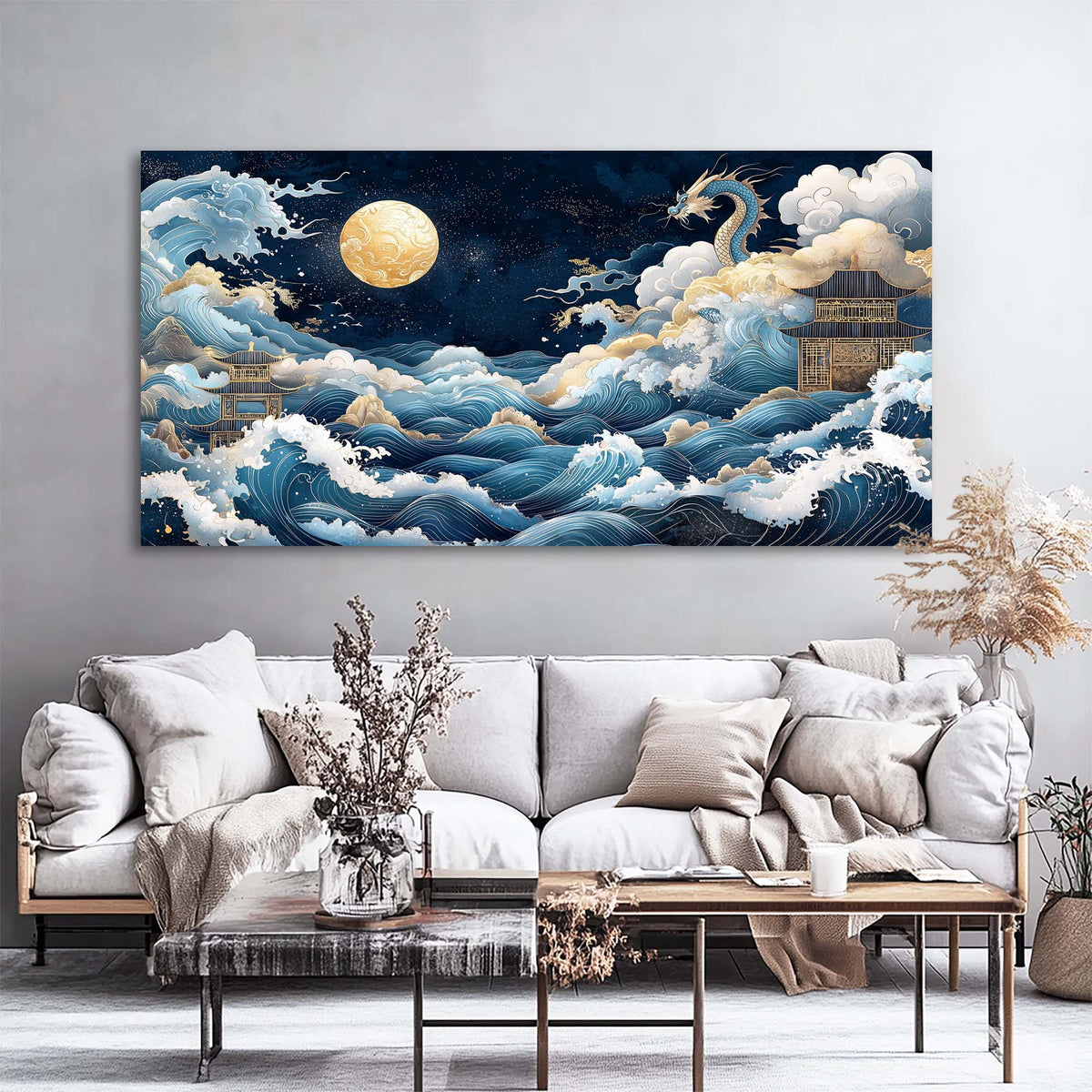Navy Blue Oriental Fairytale Canvas Wall Art for Living Room Prints Artwork Bedroom Office Decor