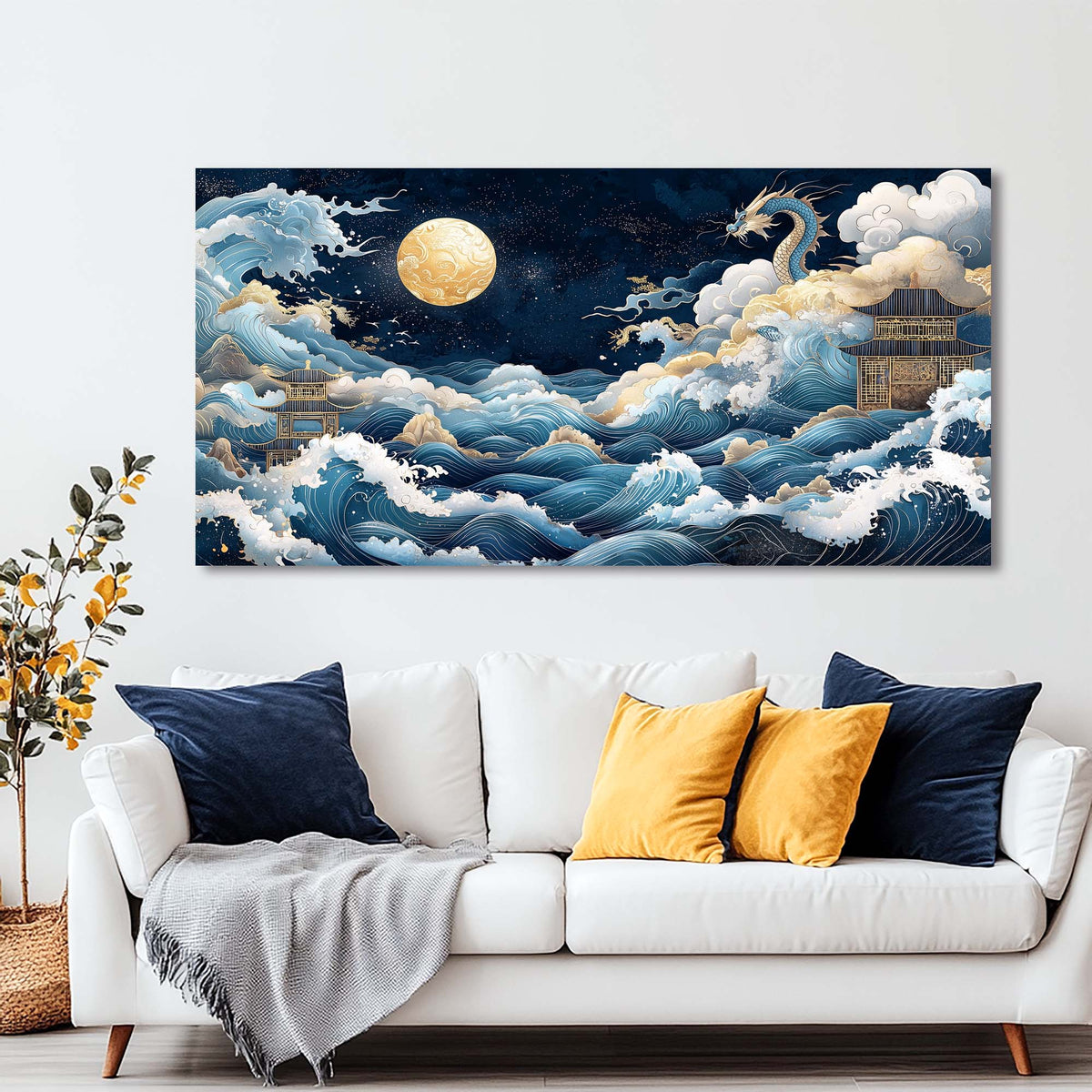 Navy Blue Oriental Fairytale Canvas Wall Art for Living Room Prints Artwork Bedroom Office Decor