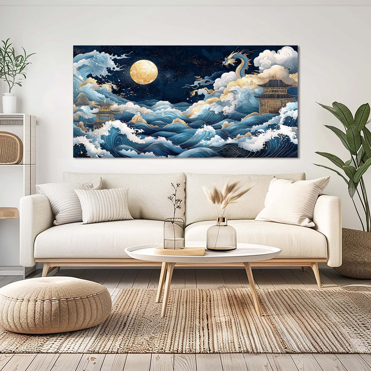 Navy Blue Oriental Fairytale Canvas Wall Art for Living Room Prints Artwork Bedroom Office Decor