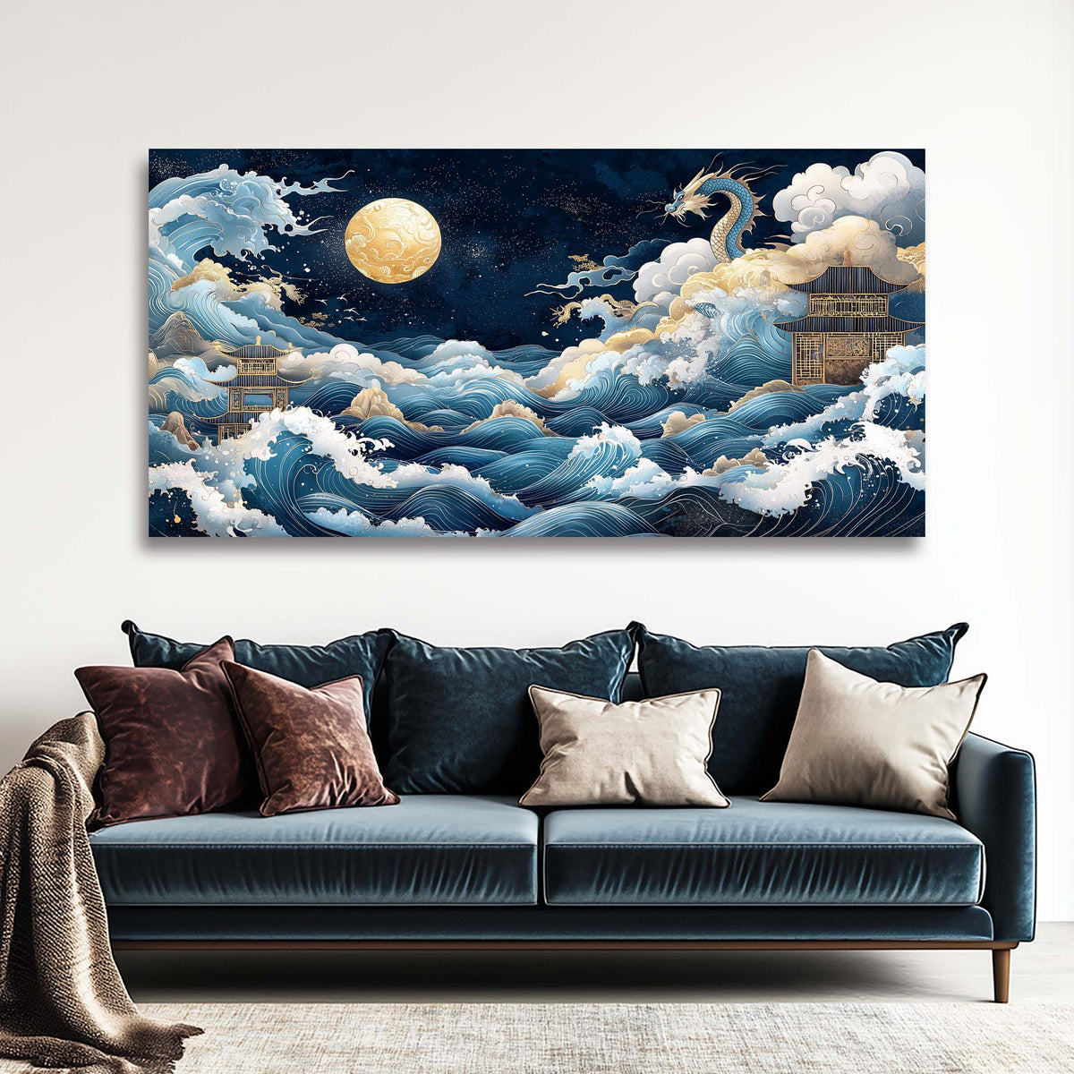 Navy Blue Oriental Fairytale Canvas Wall Art for Living Room Prints Artwork Bedroom Office Decor