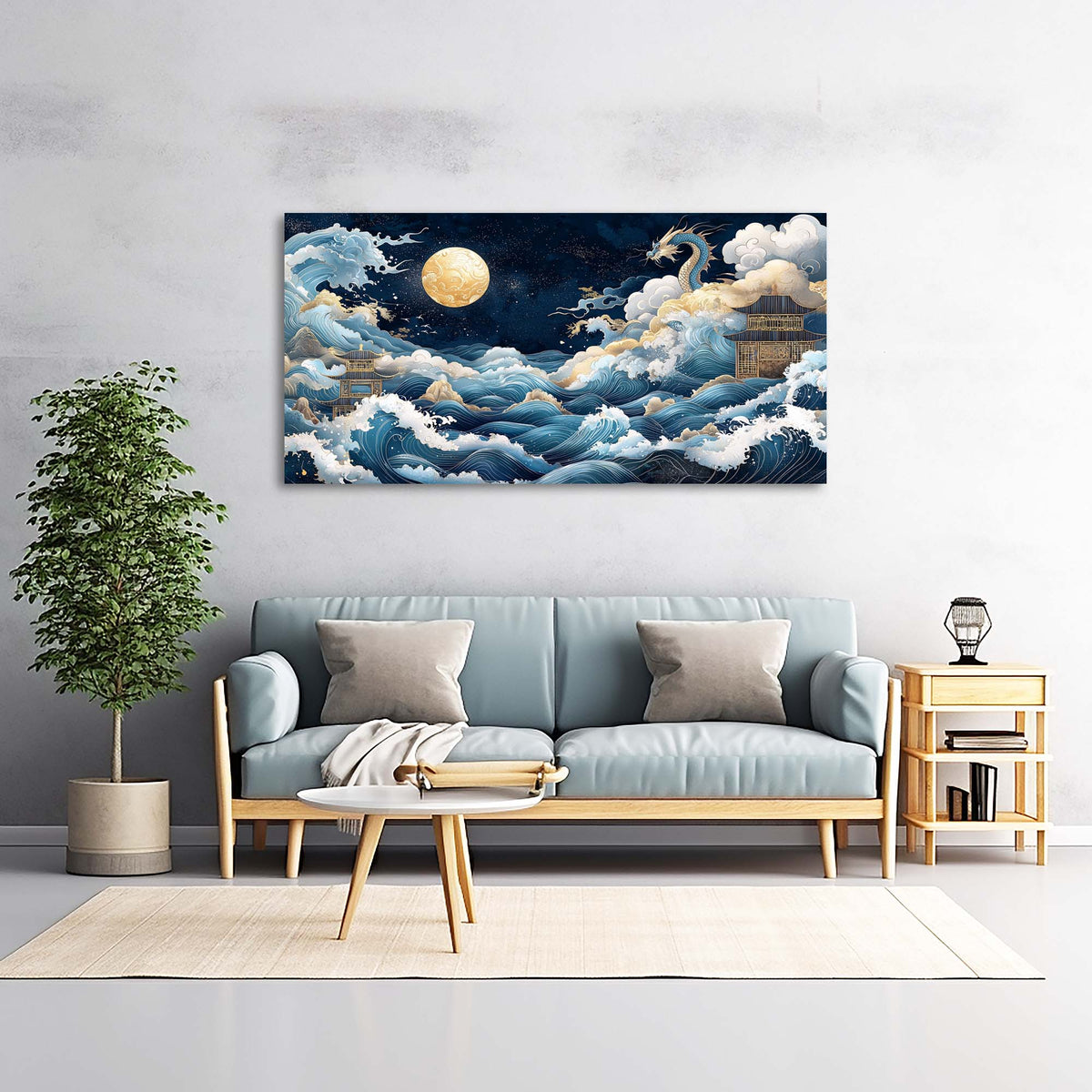 Navy Blue Oriental Fairytale Canvas Wall Art for Living Room Prints Artwork Bedroom Office Decor