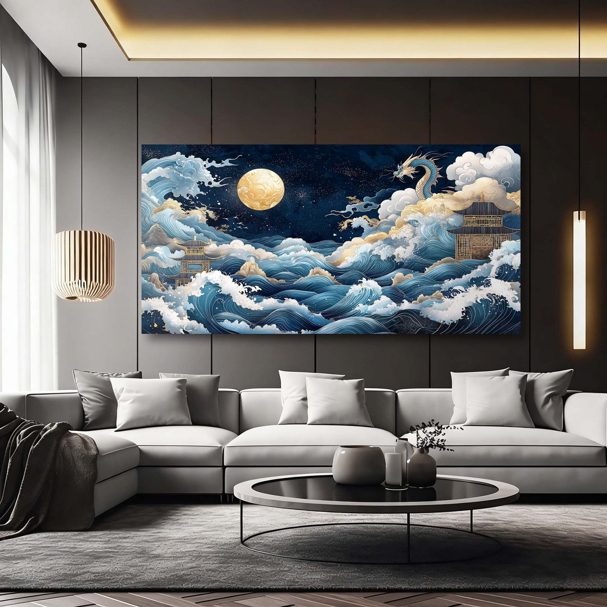 Navy Blue Oriental Fairytale Canvas Wall Art for Living Room Prints Artwork Bedroom Office Decor