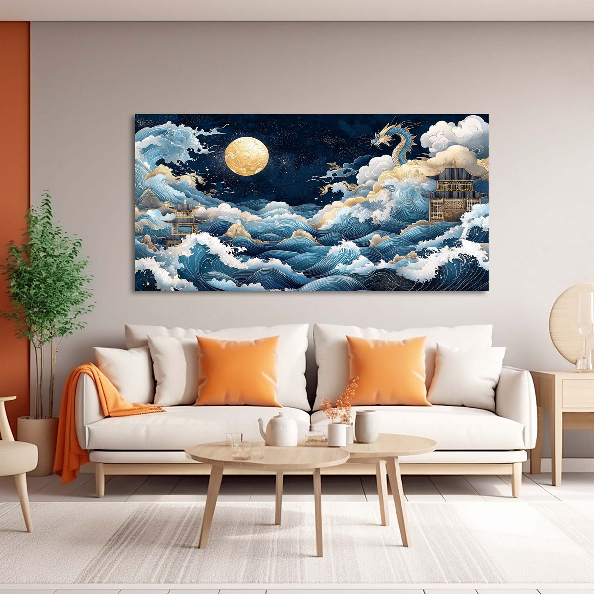 Navy Blue Oriental Fairytale Canvas Wall Art for Living Room Prints Artwork Bedroom Office Decor