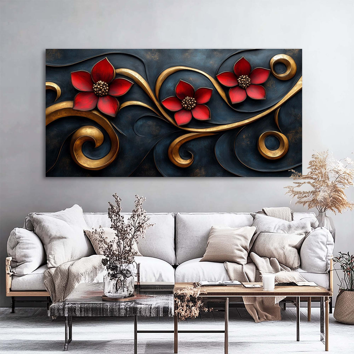 Navy Blue Floral Floral Wall Art Canvas Painting Prints Artwor Office Bedroom Living Room Decor