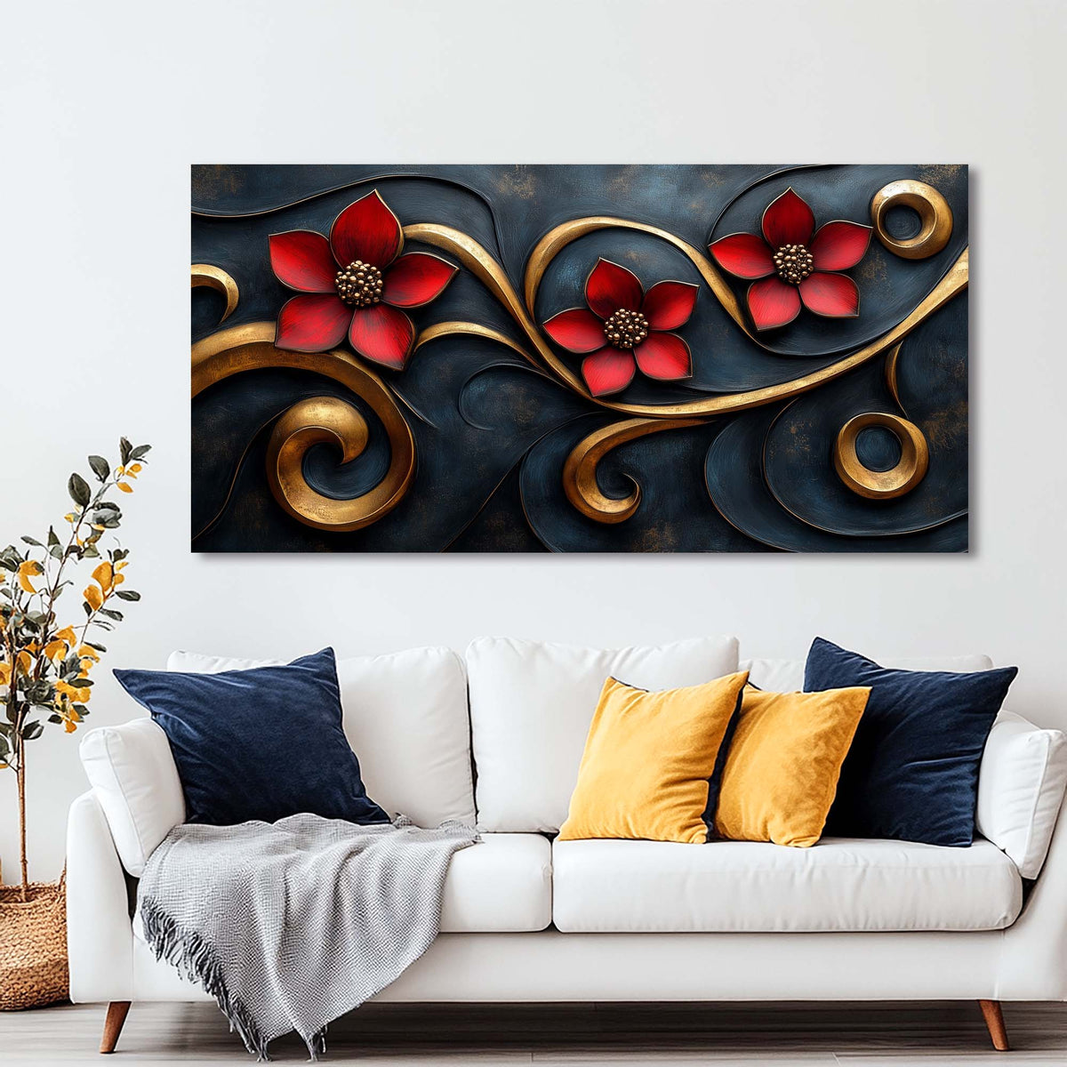 Navy Blue Floral Floral Wall Art Canvas Painting Prints Artwor Office Bedroom Living Room Decor
