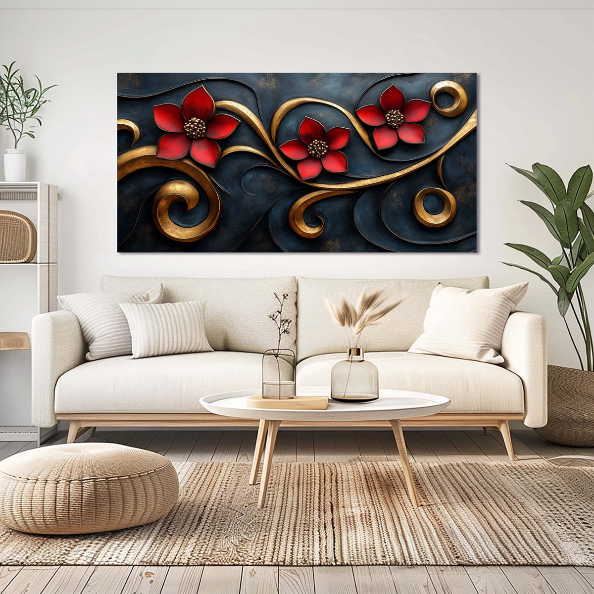 Navy Blue Floral Floral Wall Art Canvas Painting Prints Artwor Office Bedroom Living Room Decor