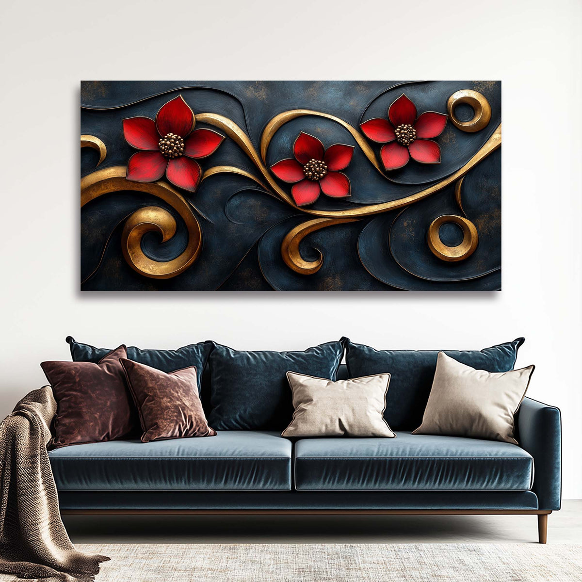 Navy Blue Floral Floral Wall Art Canvas Painting Prints Artwor Office Bedroom Living Room Decor
