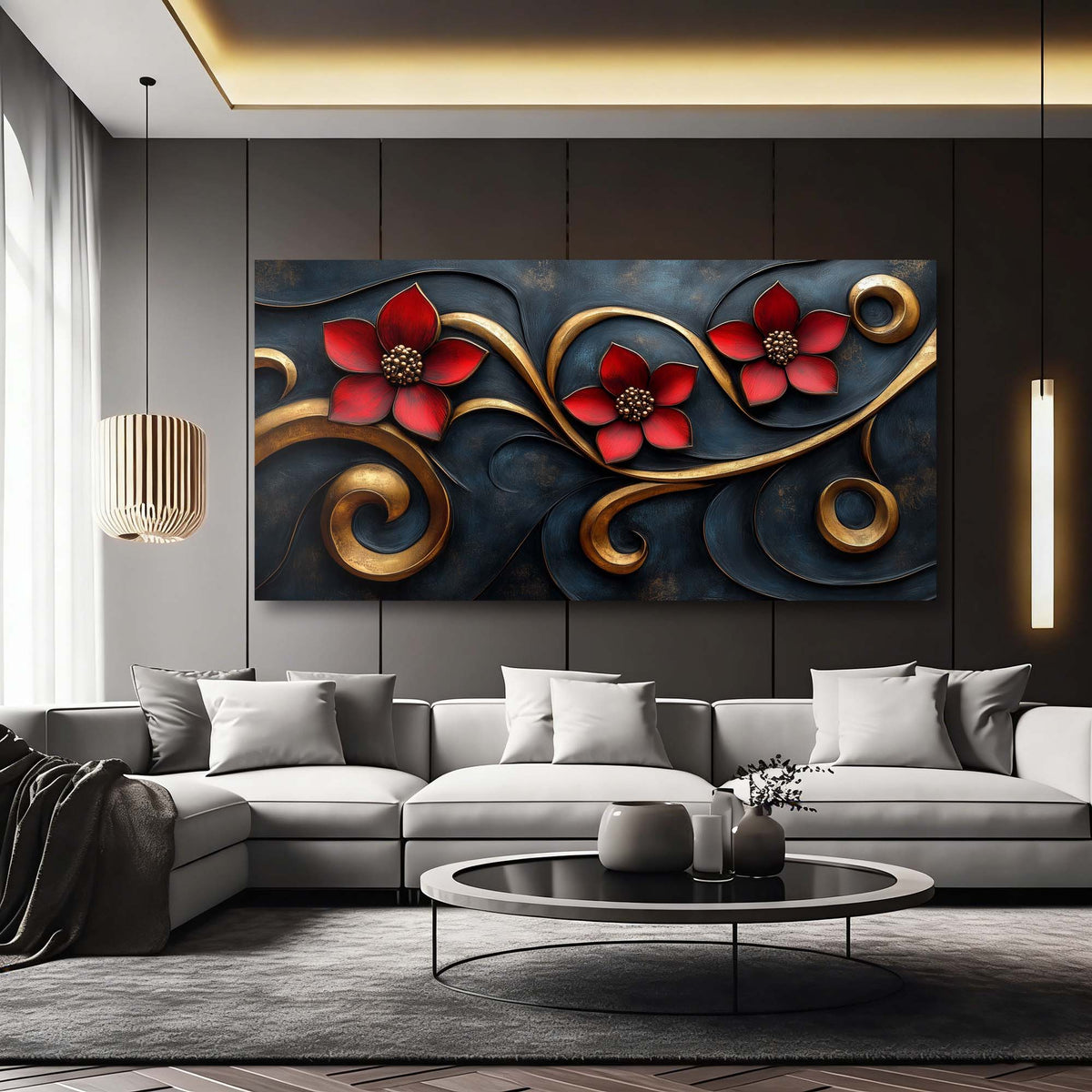 Navy Blue Floral Floral Wall Art Canvas Painting Prints Artwor Office Bedroom Living Room Decor